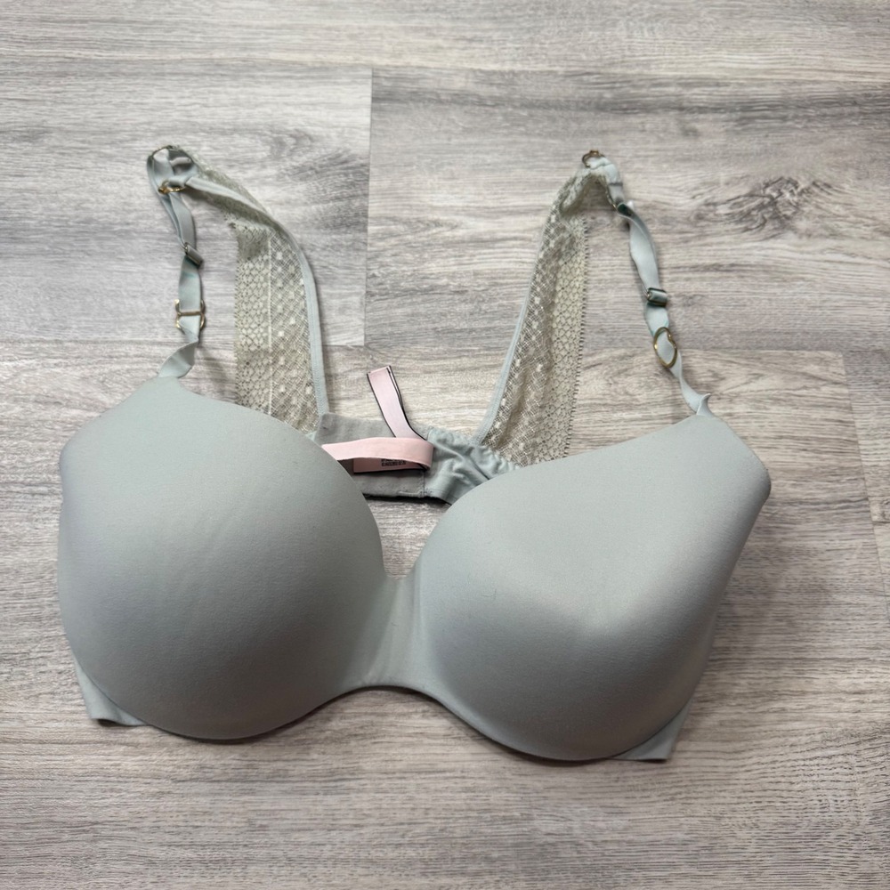Victoria's Secret Sage Green Lace Racerback Lined Demi Bra 38DD Gold Hardware